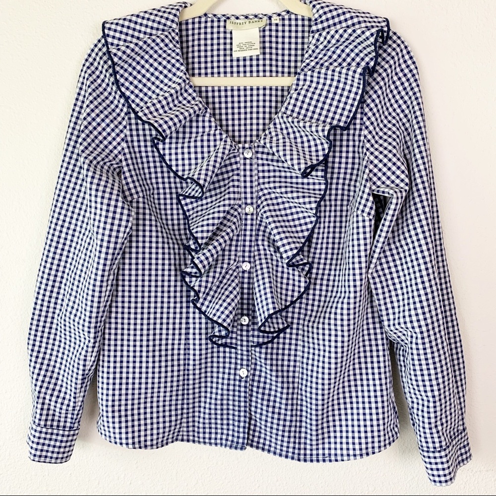 Jeffrey Banks ruffled top blue gingham size XS